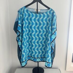 Michael Kors Geometric Poncho Blouse Blue L/XL Sheer Caftan Tunic Top Cruise